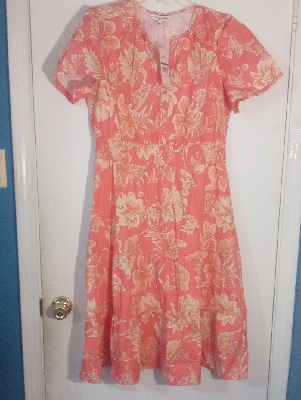 Nanette Lepore Studio Floral Coral Short-Sleeve Midi Dress Large NWT $148